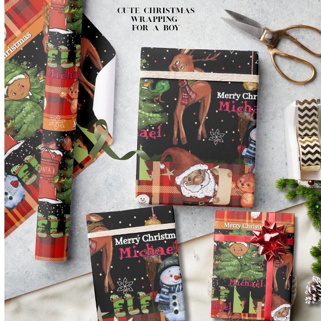 Personlig Elf Pojke Namn Jul | Röd Plaid Presentpapper (Personalized Elf Boy Name Christmas  Red Plaid Wrapping Paper)