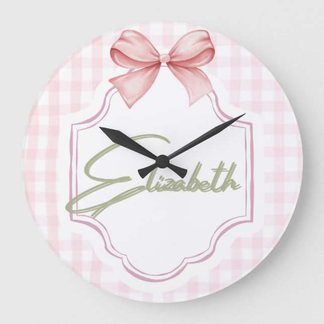 Personlig Elizabeth Flicka Nursery Gingham Stor Klocka (Framsida)