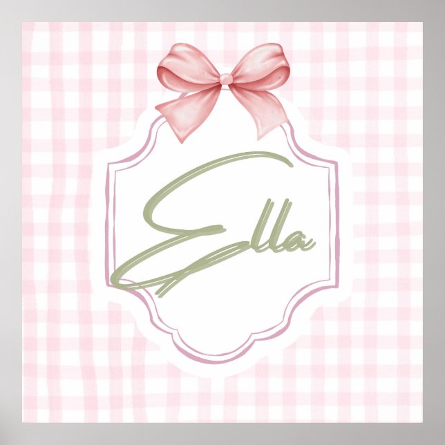 Personlig Ella Flicka Nursery Bow&Gingham Poster (Framsidan)