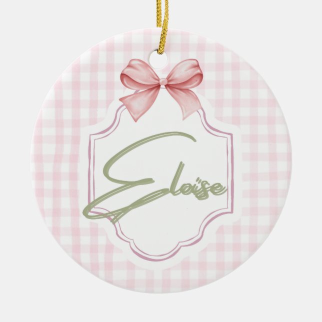 Personlig Eloise Flicka Nursery Bow&Gingham Julgransprydnad Keramik (Framsidan)