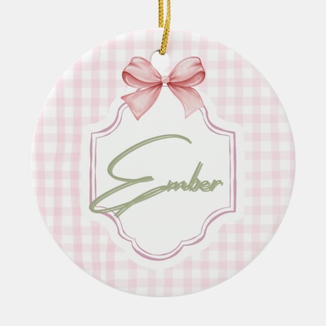 Personlig Ember Flicka Nursery Bow&Gingham Julgransprydnad Keramik (Framsidan)