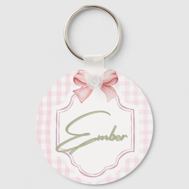 Personlig Ember Flicka Nursery Bow&Gingham Nyckelring (Framsida)