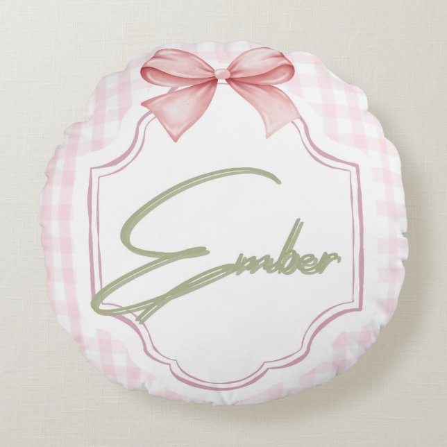 Personlig Ember Flicka Nursery Bow&Gingham Rund Kudde (Framsidan)