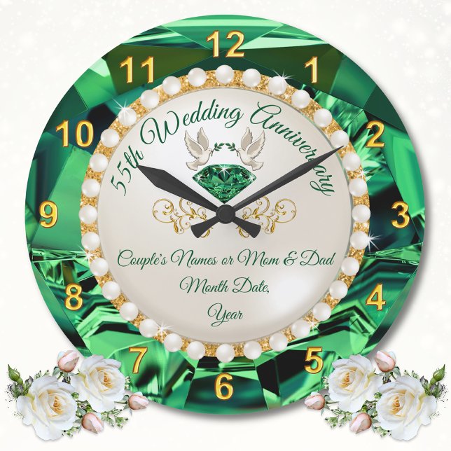 Personlig ,Emerald Bröllop-årsgåvor, Stor Klocka (Emerald Green Wall Clock. Personalised, 55th wedding anniversary gift ideas for parents. 55 year.)