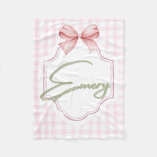 Personlig Emery Flicka Nursery Bow&Gingham Fleecefilt (Framsidan)