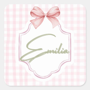 Personlig Emilia Flicka Nursery Bow&Gingham Fyrkantigt Klistermärke