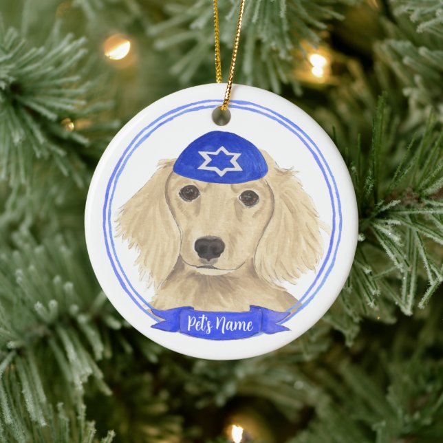 Personlig English Cream Dachshund Hund Hanukkah Julgransprydnad Keramik (Träd)