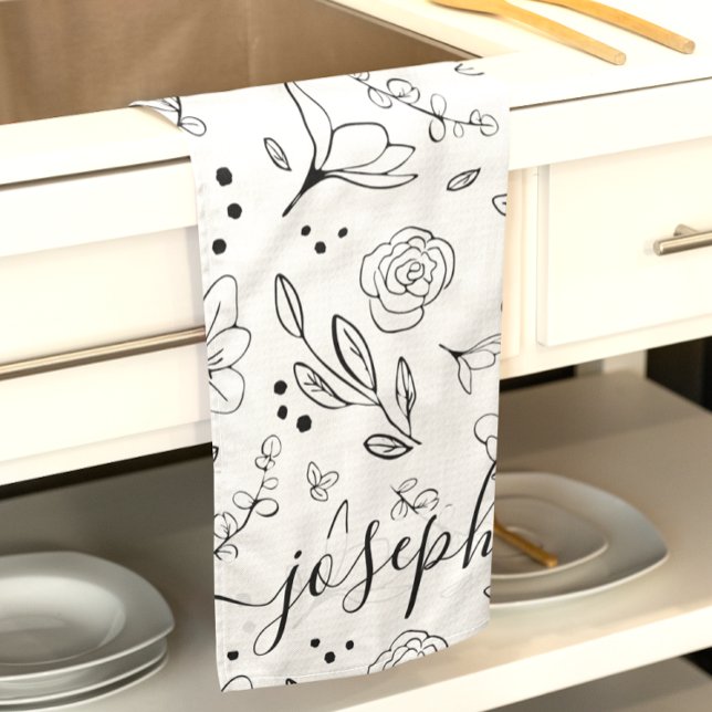 Personlig Enkelt svart vitt blommönster Kökshandduk (Black white minimalist floral pattern personalized kitchen tea towel.)