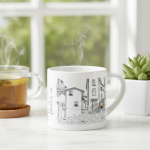 Personlig espressokopp med stadsmiljö