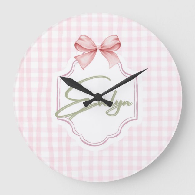Personlig Evelyn Flicka Nursery Bow&Gingham Stor Klocka (Framsida)