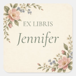Personlig Ex Libris Blommig Bokmärke Fyrkantigt Klistermärke