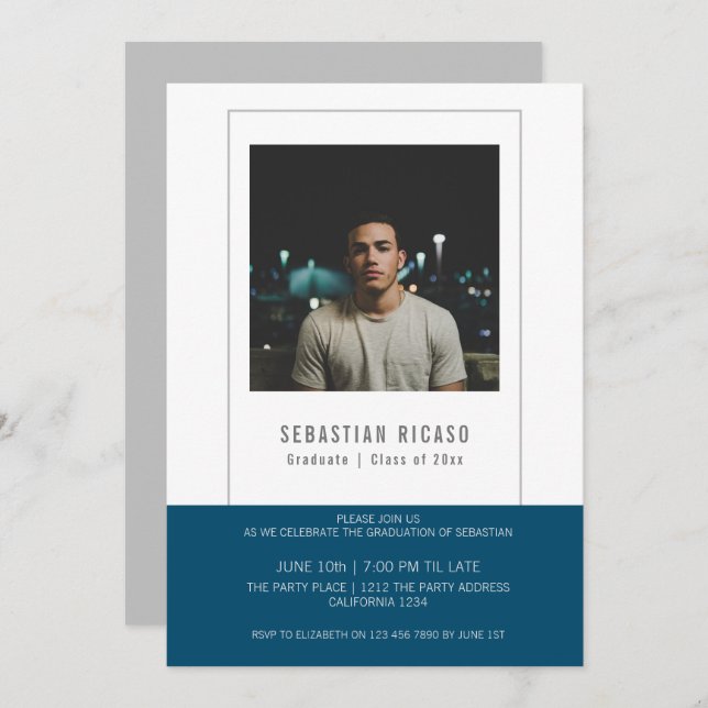 Personlig examenfoto-mall i blå och vit färg inbjudningar (Fram/baksida)