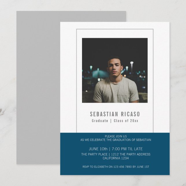 Personlig examensfoto-mall i blå och vit färg inbjudningar (Fram/baksida)