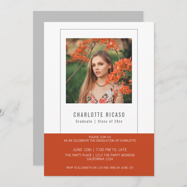 Personlig examensfoto-mall i orange och vit inbjudningar (Fram/baksida)