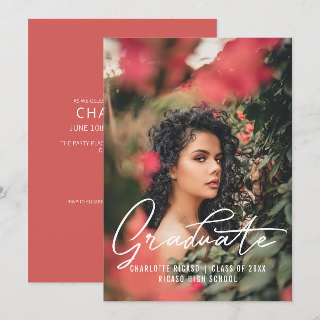 Personlig examensfoto-mall i rosa inbjudningar (Fram/baksida)