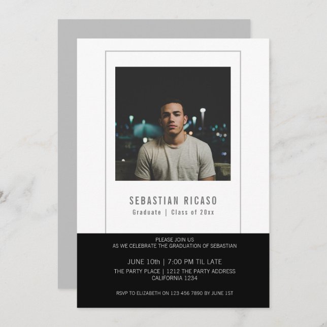 Personlig examensfoto-mall i svart-vitt inbjudningar (Fram/baksida)