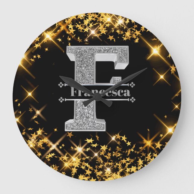 Personlig F Inledande Silver Monogram Ditt namn Stor Klocka (Framsida)