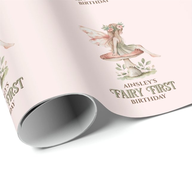 Personlig Fairy First Rosa 1st Birthday Party Presentpapper (Rullad Hörn)