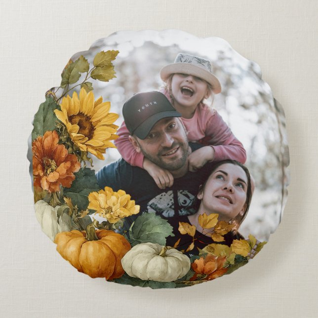 Personlig Fall Pumpkin Photo Design Rund Kudde (Framsidan)