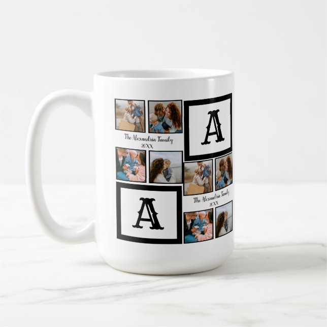 Personlig familj 4 fotokollage monogram kaffemugg (Vänster)