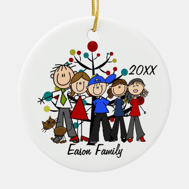 Personlig Familj med fem med brunt kattornamen Julgransprydnad Keramik (Framsidan)