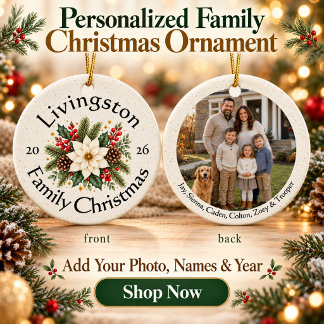 Personlig familjefoto med vit julstjärna julgransprydnad keramik