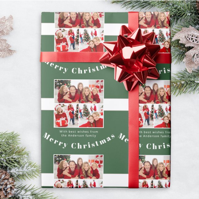 Personlig familjefotocollage God Jul Presentpapper (Festive Christmas gift wrap with custom family photo collage and message, in elegant forest green)
