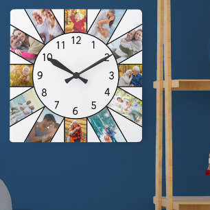 Personlig familjefotocollage vit fyrkantig klocka