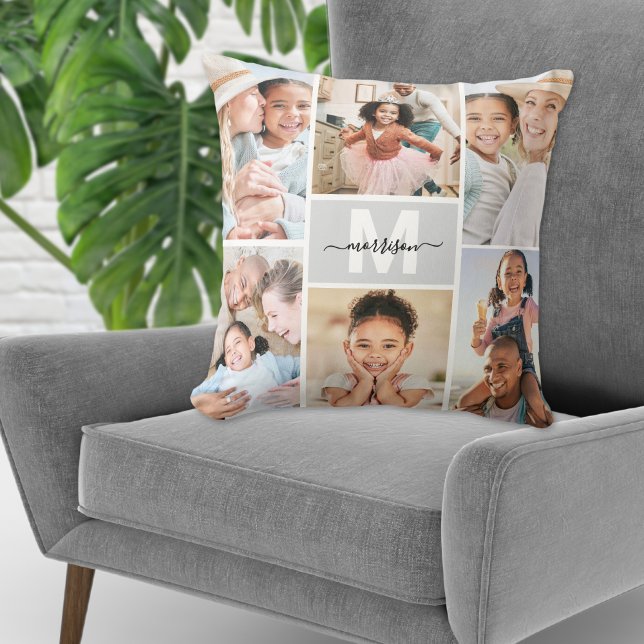 Personlig familjekollage med initialer och foto kudde (Custom Monogram Family Photo Collage Throw Pillow)