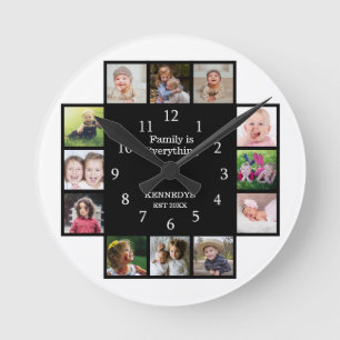 Personlig Family 12 Photo Collage Ram Black Rund Klocka