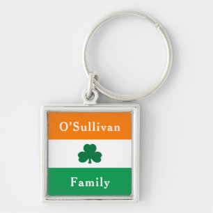 Personlig Family Efternamn Irland Flagga Färg Fyrkantig Silverfärgad Nyckelring
