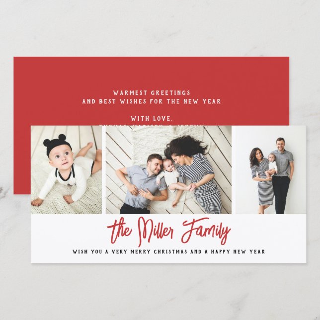 Personlig Family Namn 3 Photo Collage Helgdag C Julkort (Fram/baksida)