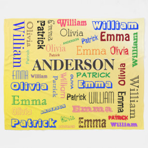 Personlig Family 🏡 💖 Namn Ord Cloud Gult Fleecefilt