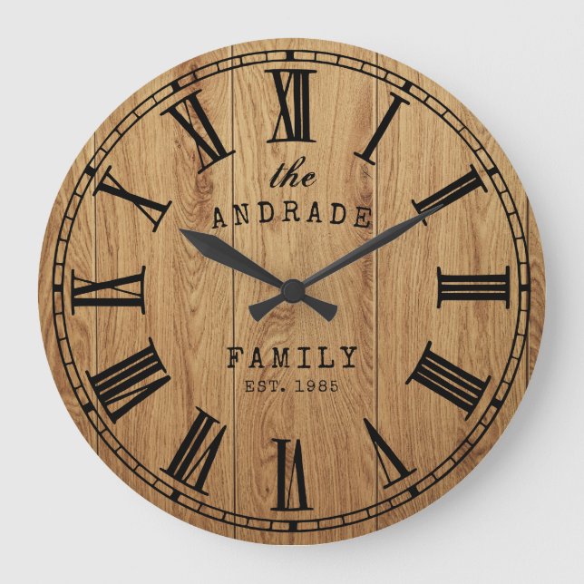 Personlig Family Namn Rustic Farmhouse Wooden Stor Klocka (Framsida)