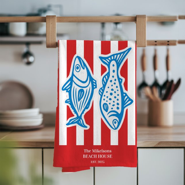 Personlig Family Nautical Red Sardine Rand Kökshandduk (Skapare uppladdad)