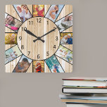 Personlig Family Photo Collage Gräs Wood Fyrkantig Klocka<br><div class="desc">Personlig fyrkantig fotoklocka med egna favoritfoton. Fotomallen ställs in med redot att du lägger till 12 av bilderna medsols uppifrån. Träet med lätt gräs har svarta siffror och kommer att se underbar ut med traditionell torsk och land. För den här designen blir kvadratiska bilder eller foton från porträtt det enklaste...</div>