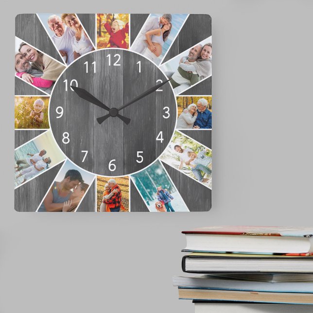 Personlig Family Photo Collage Grått Wood Fyrkantig Klocka (Photo clock with 12 photos, one at each hour. Great design for your home or a thoughtful photo gift.)