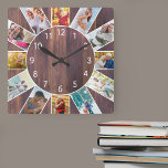 Personlig Family Photo Collage Warm Brown Wood Fyrkantig Klocka<br><div class="desc">Personlig fyrkantig fotoklocka med egna favoritfoton. Fotomallen ställs in med redot att du lägger till 12 av bilderna medsols uppifrån. Denna varma brunträskonstruktion har vita siffror och kommer att se underbar ut med traditionell torka och land-torn. För den här designen blir kvadratiska bilder eller foton från porträtt det enklaste för...</div>