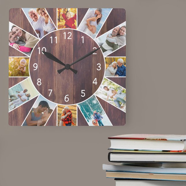 Personlig Family Photo Collage Warm Brown Wood Fyrkantig Klocka (Photo clock with 12 photos, one at each hour. Great design for your home or a thoughtful photo gift.)