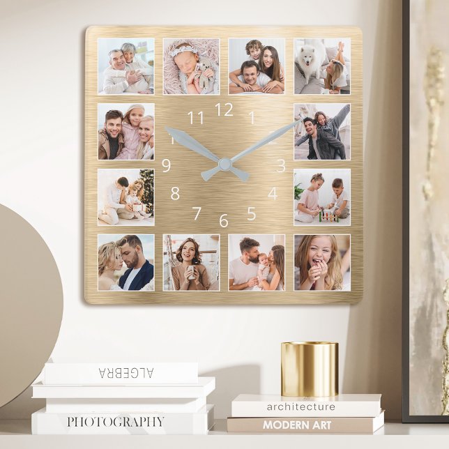 Personlig Family Photo Elegant Guld Fyrkantig Klocka (Skapare uppladdad)