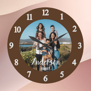 Personlig Family Photo Wall Clock-brun Stor Klocka