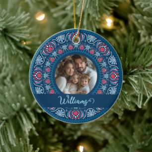 Personlig Family Porträtt Blue Festive Mandala Julgransprydnad Keramik