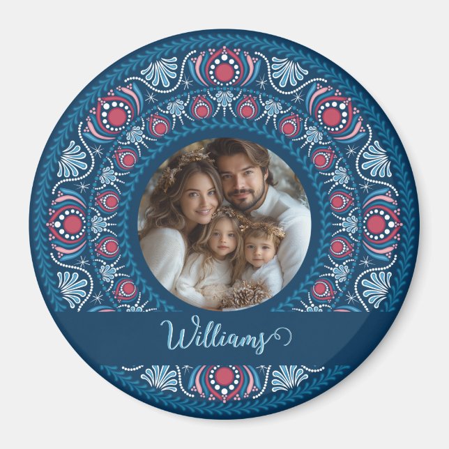 Personlig Family Porträtt Blue Festive Mandala Magnet (Framsidan)