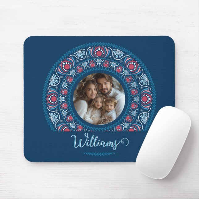 Personlig Family Porträtt Blue Festive Mandala Musmatta (Med mus)