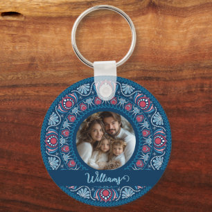 Personlig Family Porträtt Blue Festive Mandala Nyckelring