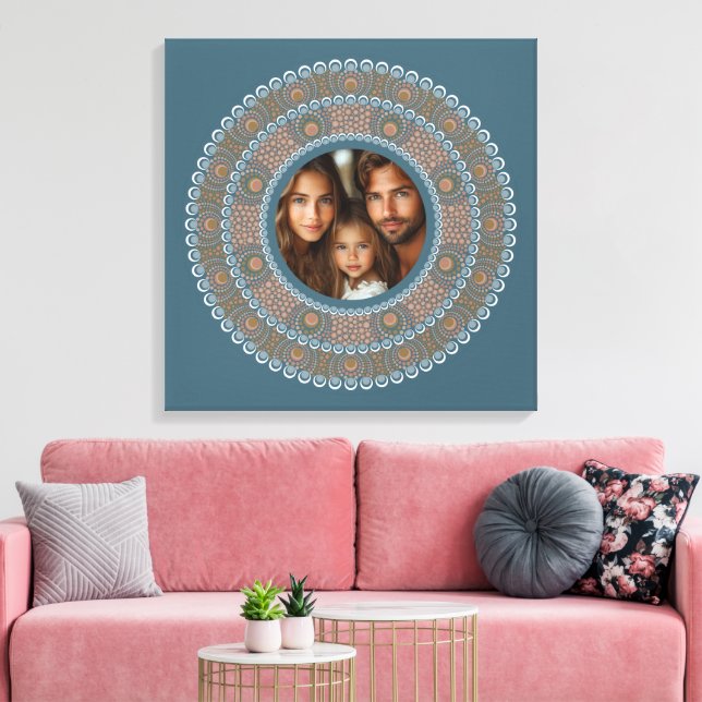 Personlig Family Porträtt Teal och Guld Mandala Canvastryck (Insitu (Vardagsrum))