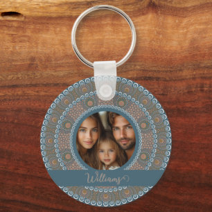 Personlig Family Porträtt Teal och Guld Mandala Nyckelring