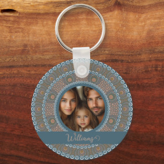 Personlig Family Porträtt Teal och Guld Mandala Nyckelring