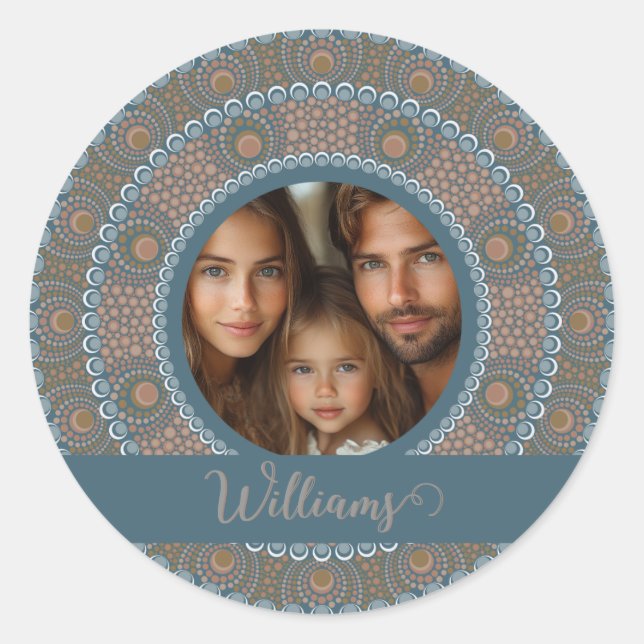 Personlig Family Porträtt Teal och Guld Mandala Runt Klistermärke (Framsida)