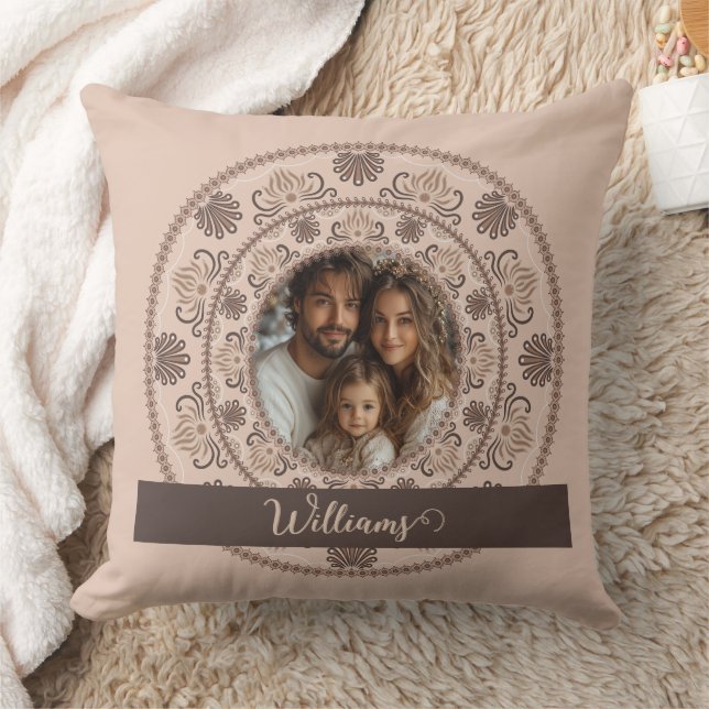 Personlig Family Porträtt Warm Neutralts Mandala Kudde (Filt)